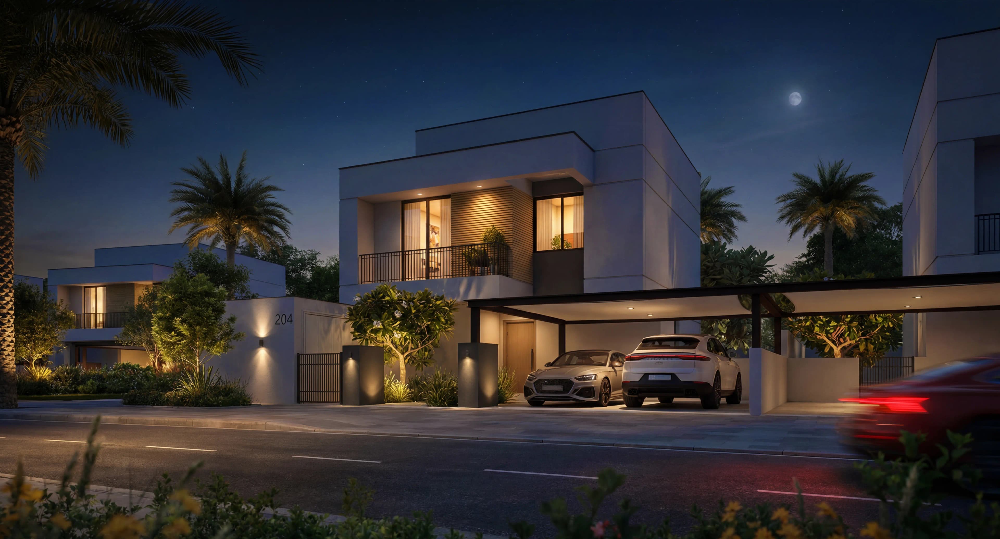 Al Ghadeer Gardens villa at dusk — official Aldar render